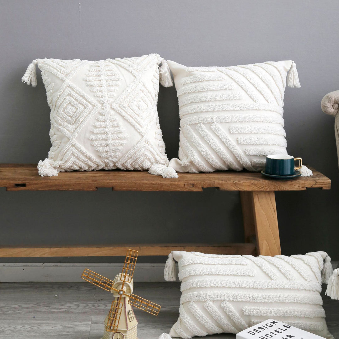Boho Textured Tufted Cotton Throw Pillow with Diamond Geometric Tufting and Corner Tassels
