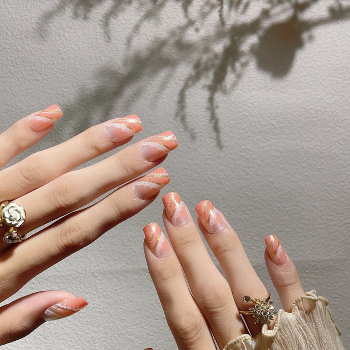 Decorative Press-On Nail Art Set with Gold Accents
