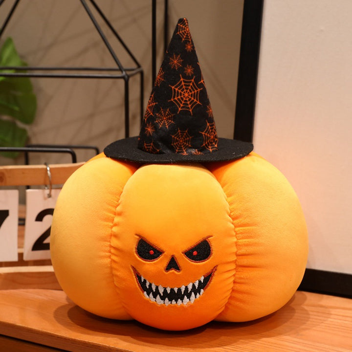 Plush pumpkin decoration figure with witch hat and embroidered spooky face
