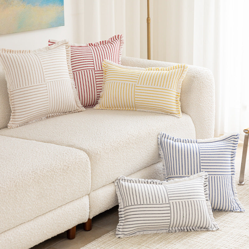 Decorative Rectangular Striped Patchwork Throw Pillow with Fringed Edges