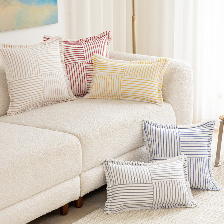 Decorative Rectangular Striped Patchwork Throw Pillow with Fringed Edges