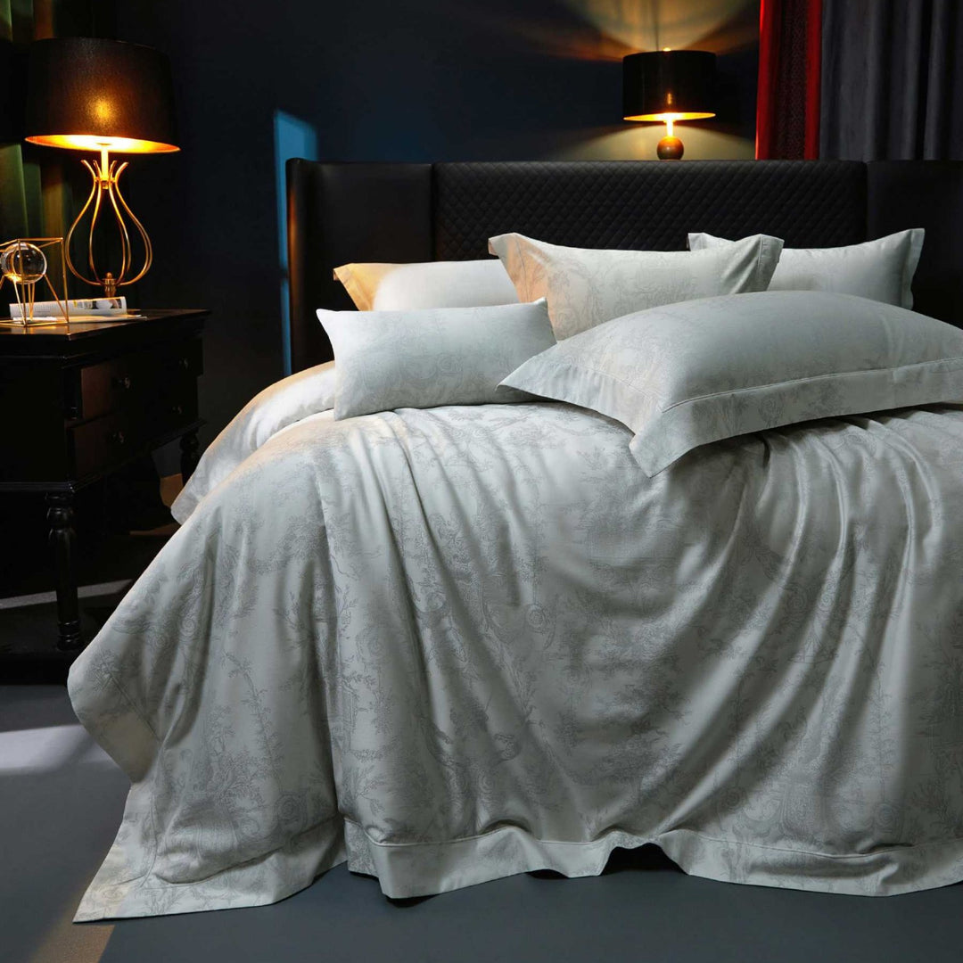 Fine woven jacquard bedding set with tone-on-tone ornamentation and flap edge