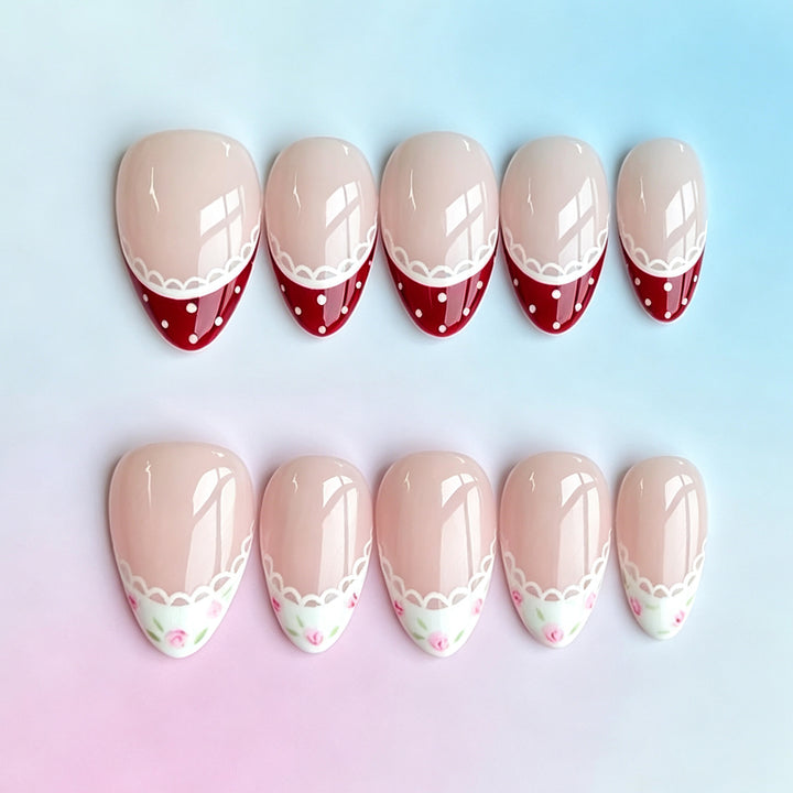 Artistic Press-On Nail Set with Vintage Floral and Polka Dot Design Kalsten