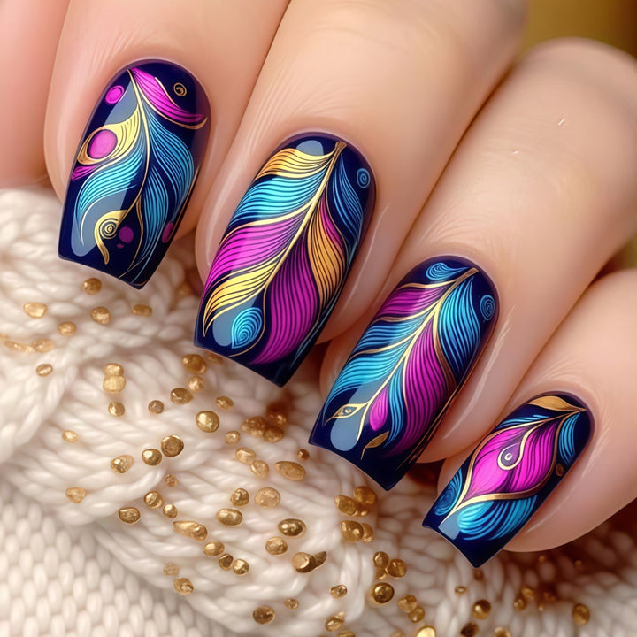 Artificial nails with colorful feather design Kalsten