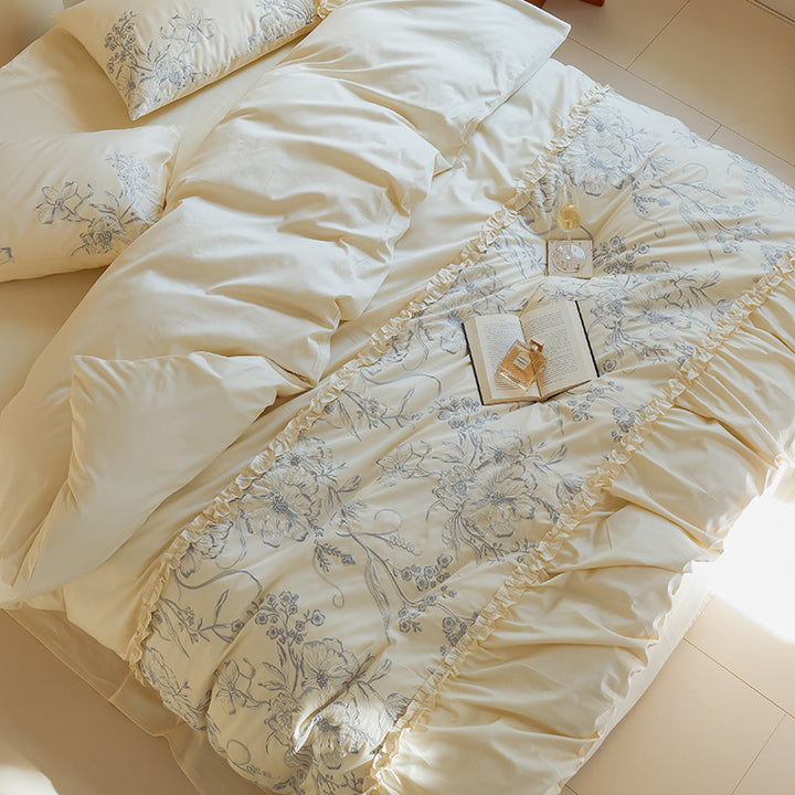 Romantic bed spread with ruffle, floral print and decorative pillow set