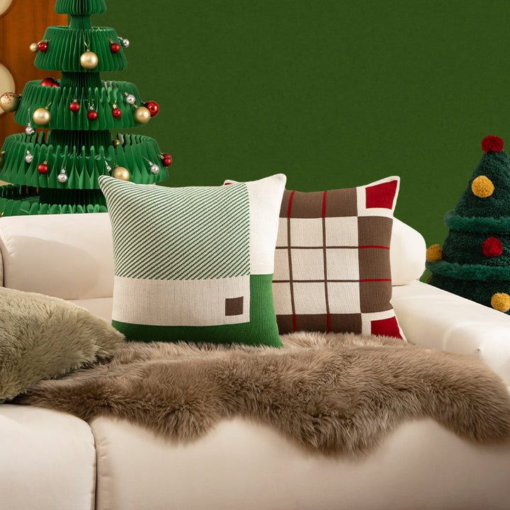decorative knitted pillow with geometric check pattern