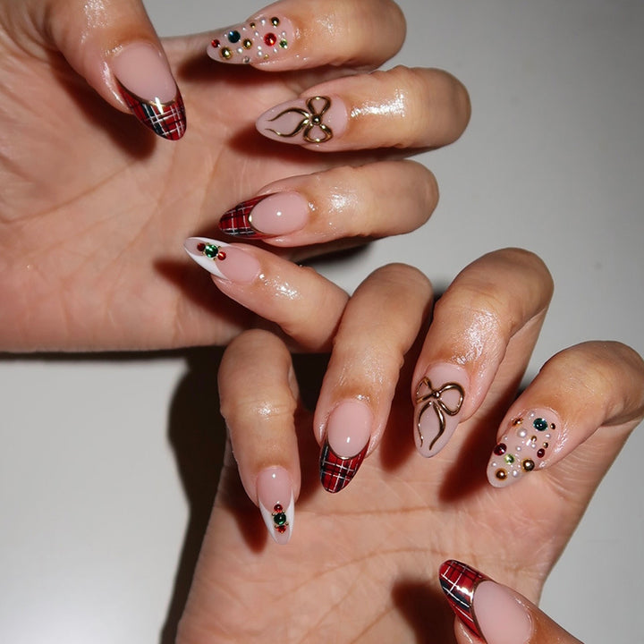 Festive Themed Press-On Nail Art Set with Plaid Design and Gem Accents Kalsten
