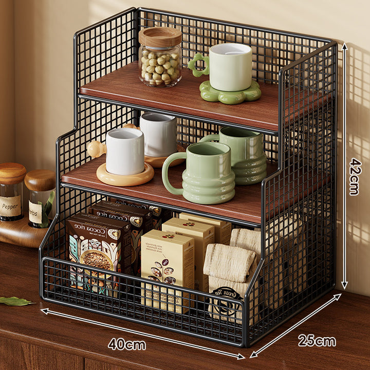 Three-Tier Countertop Wire Mesh Shelf Organizer with Bamboo Shelves