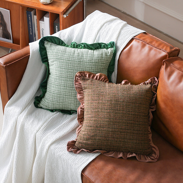 Decorative cushion with woven bouclé structure and velvet ruffled edge Kalsten