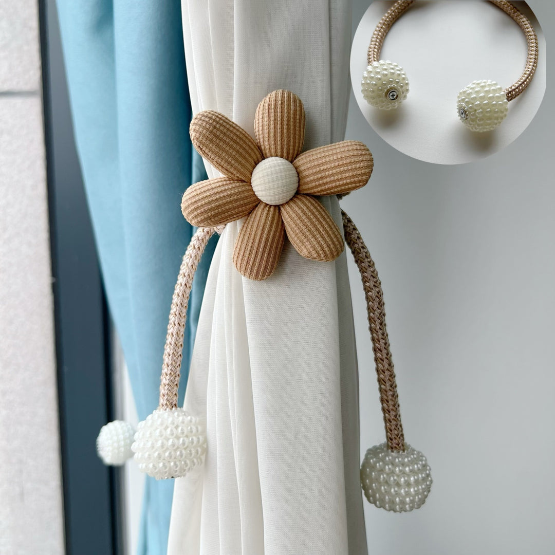 Beaded Magnetic Curtain Tieback with Fabric Flower Accent