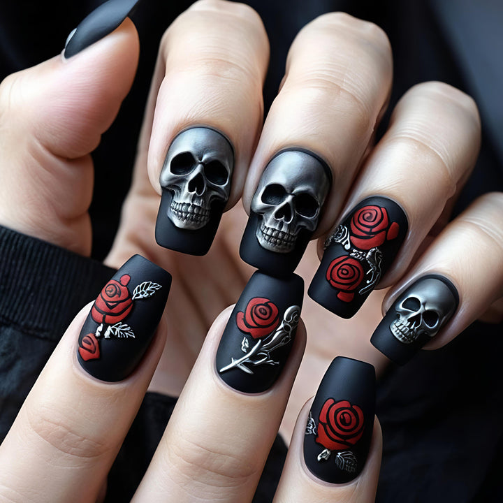 Gothic Skull and Rose Nail Art Kalsten