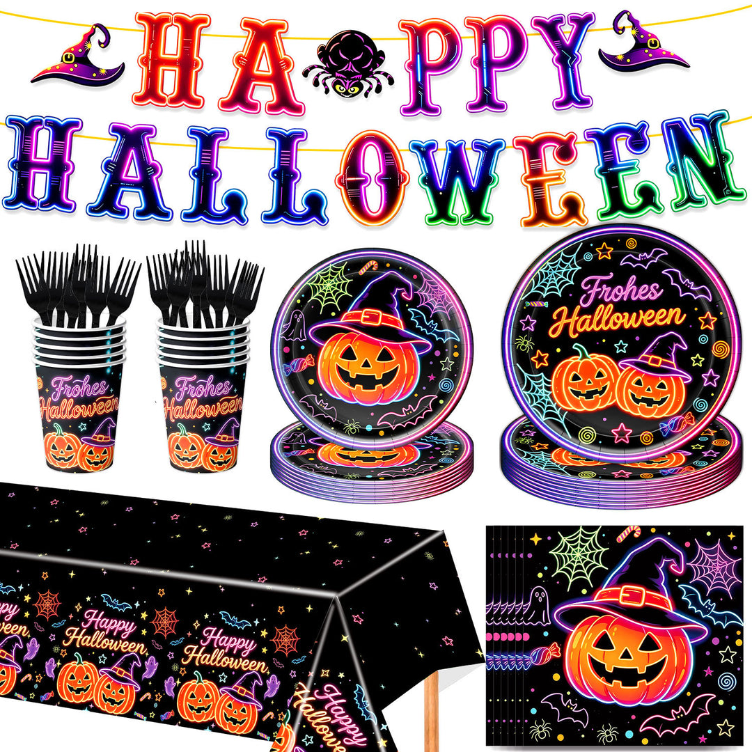 Complete Halloween Party Table Decoration Set with Neon Pumpkin Design Disposable Dinnerware and Garland