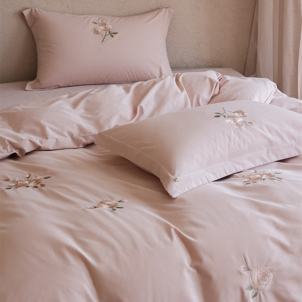 Elegant cotton satin bed cover set with rose embroidery and reversible look
