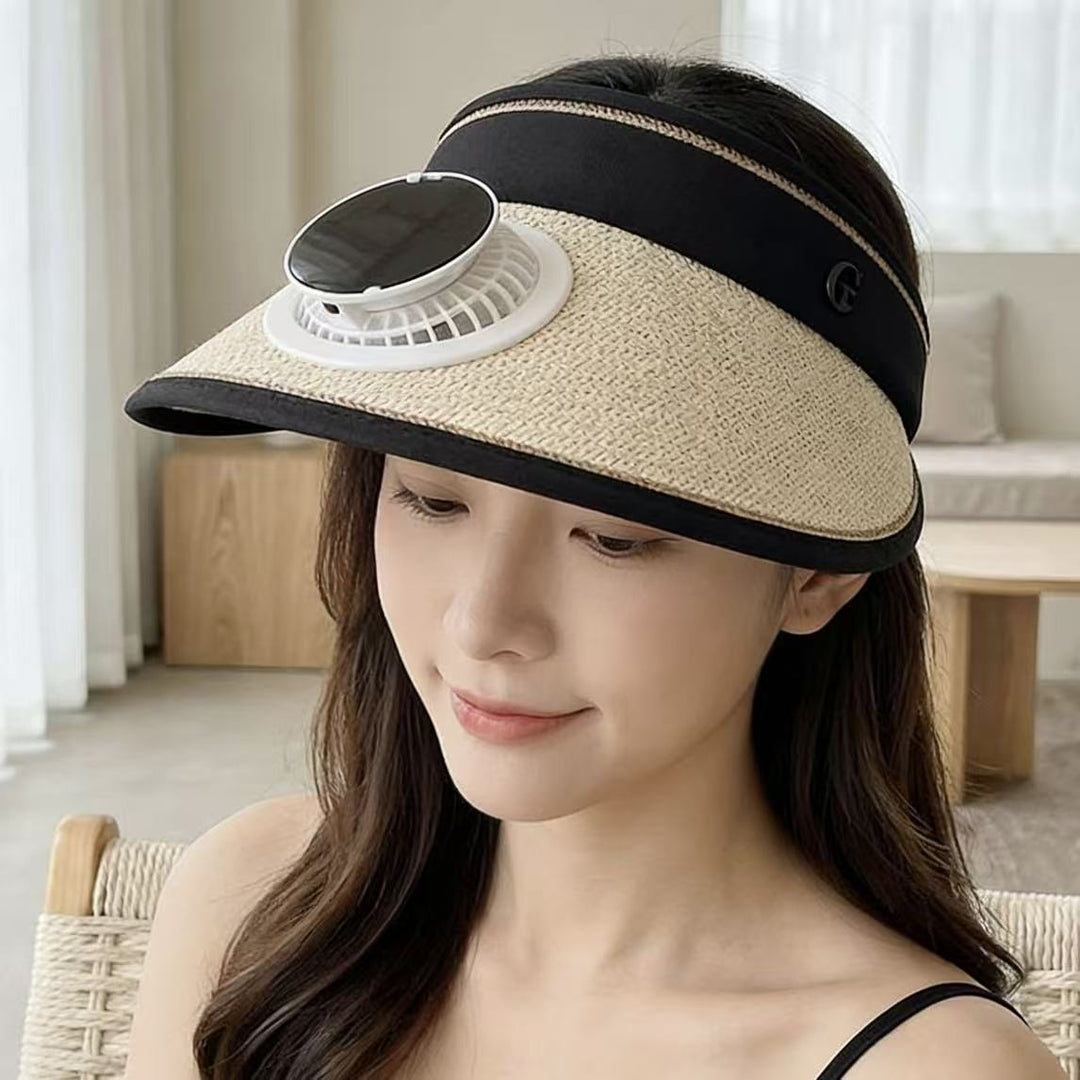 Foldable straw hat visor with integrated solar fan, adjustable neck strap, and breathable sweatband Kalsten