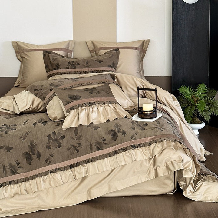 Romantic cotton satin bedding set with ruffle and floral jacquard structure