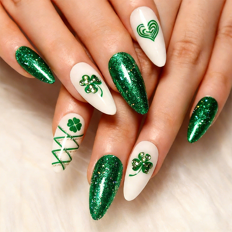 Artificial nail set with festive glitter and clover motifs Kalsten