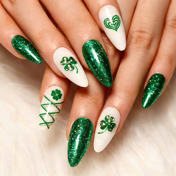 Artificial nail set with festive glitter and clover motifs Kalsten