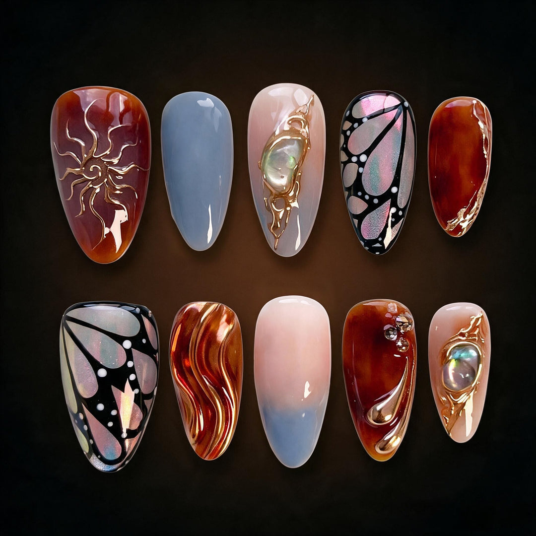 Artistic Press-On Nail Art Set with Textured and Metallic Accents Kalsten
