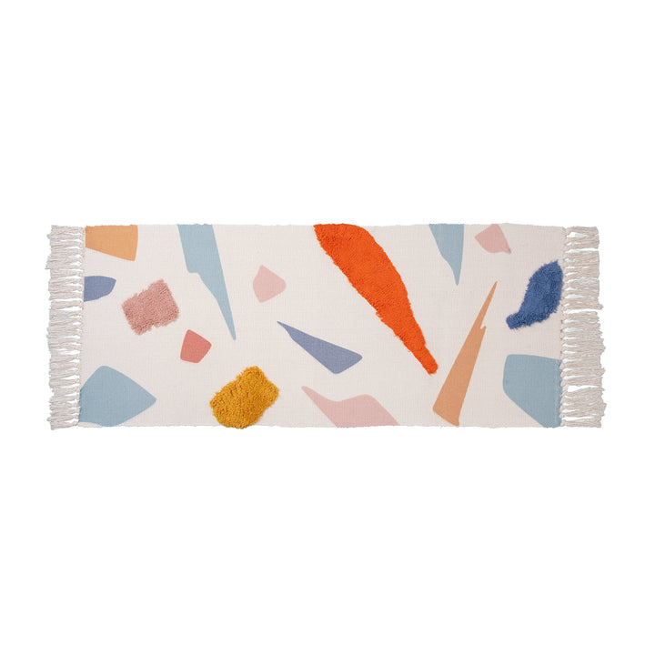 Woven runner with hand-tufted 3D applications and fringes