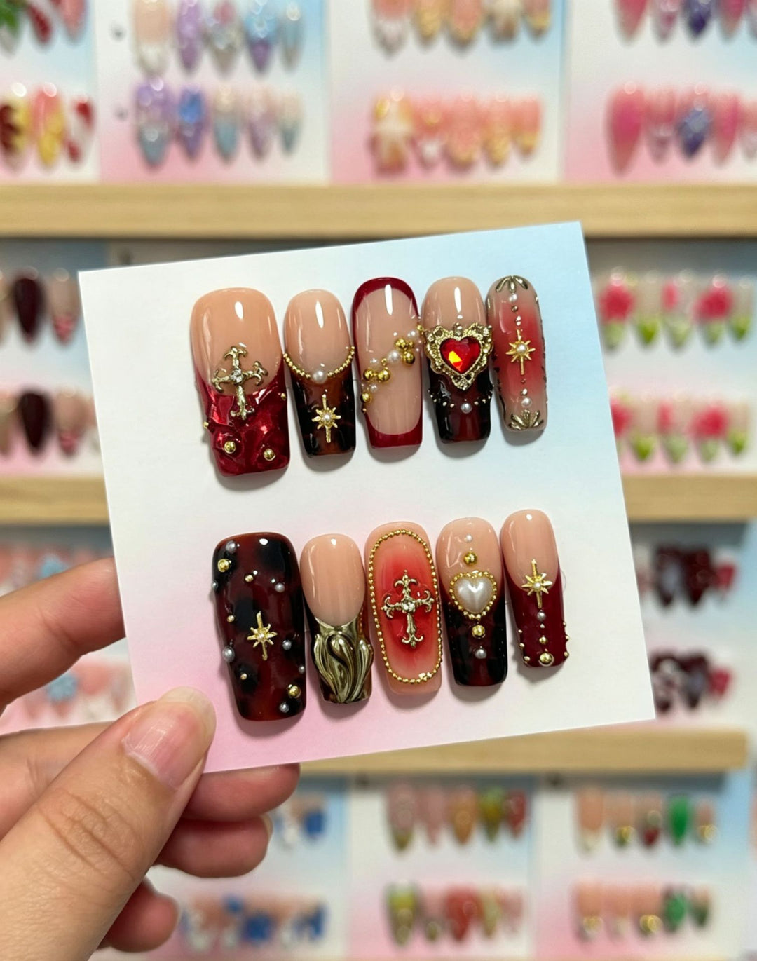 Artistic Press-On Nail Set with Floral and Green Accents