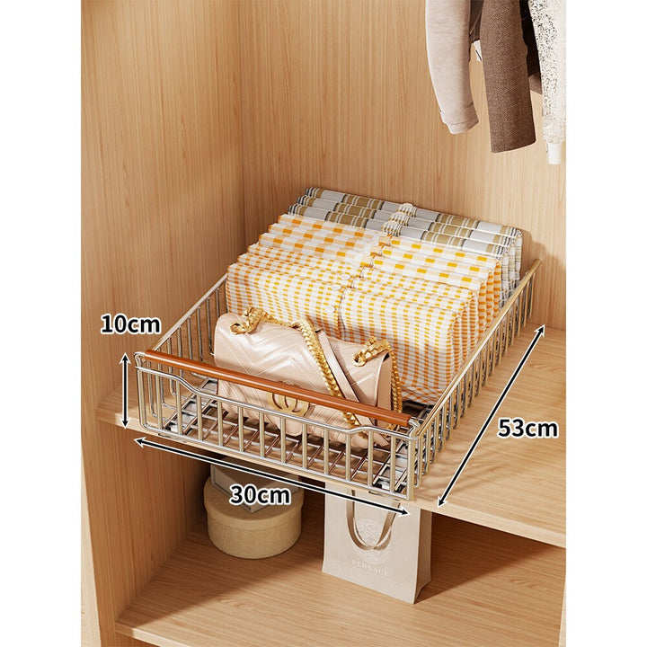 Pull-Out Sliding Closet Basket Organizer with Wooden Front