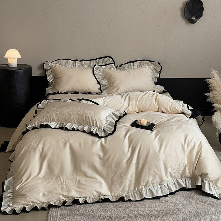 Romantic duvet cover set with ruffle border and fine jacquard embroidery