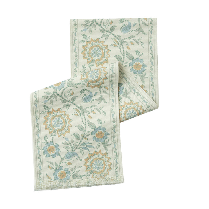 Vintage-inspired woven table runner with floral border and fringes Kalsten