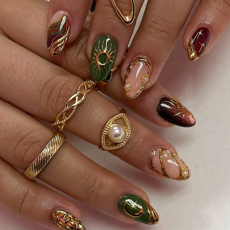 Artistic Gold-Embellished Nail Art