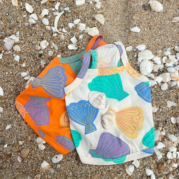 Small Dog Cotton Seashell-Print Sleeveless Tank Top with Stretch Hem