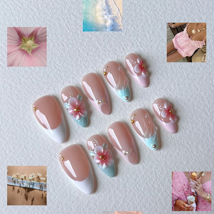 Artificial nail set with romantic floral motifs and elegant accents Kalsten