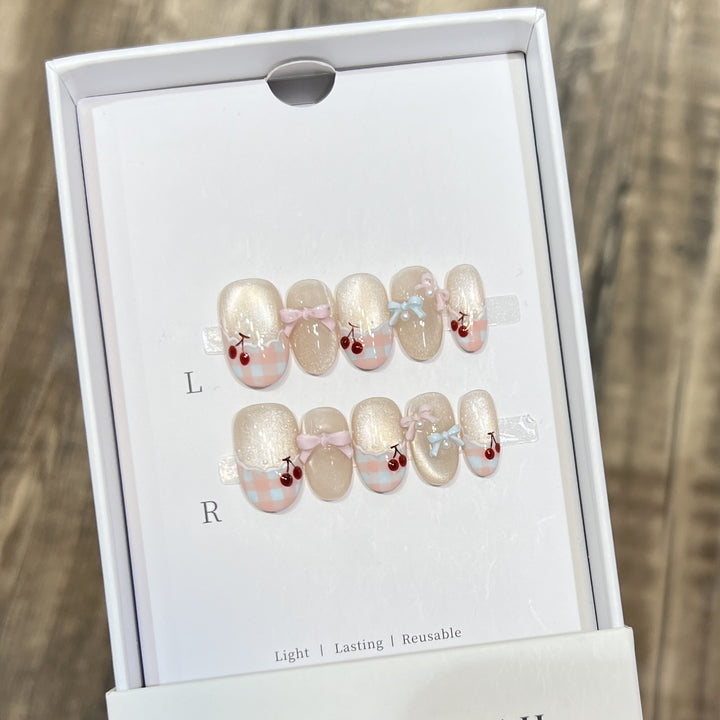 Decorative Press-On Nail Art Set with Charming Bow and Cherry Accents Kalsten