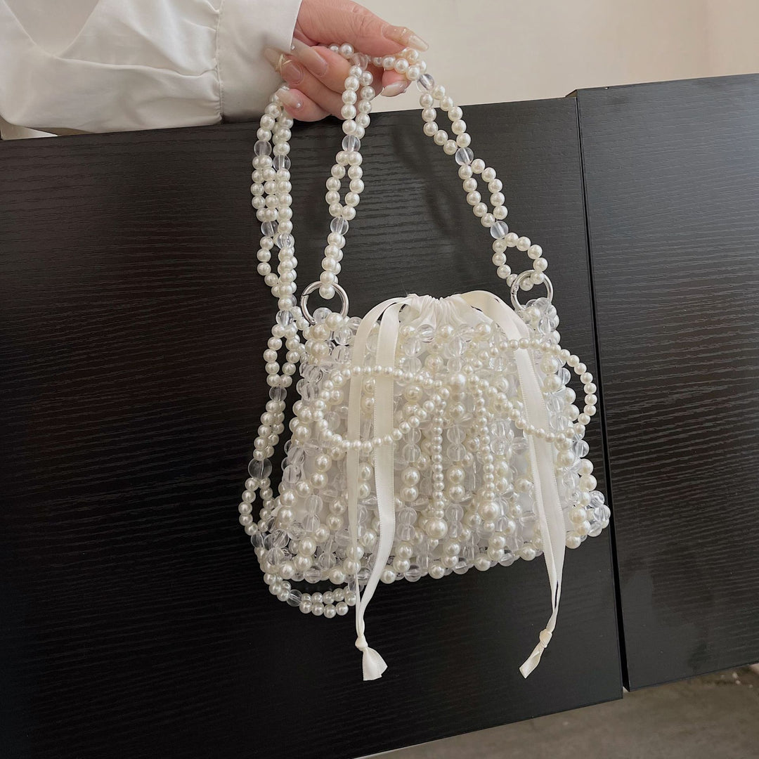 Pearl-Embellished Drawstring Evening Handbag