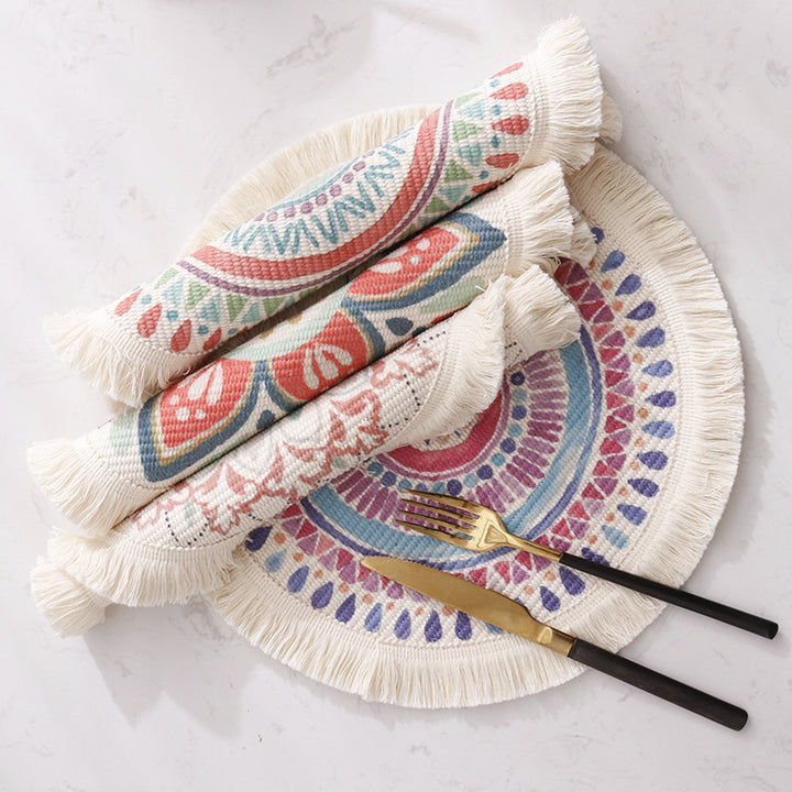 Round flat-woven cotton rug with mandala design and decorative fringes Kalsten