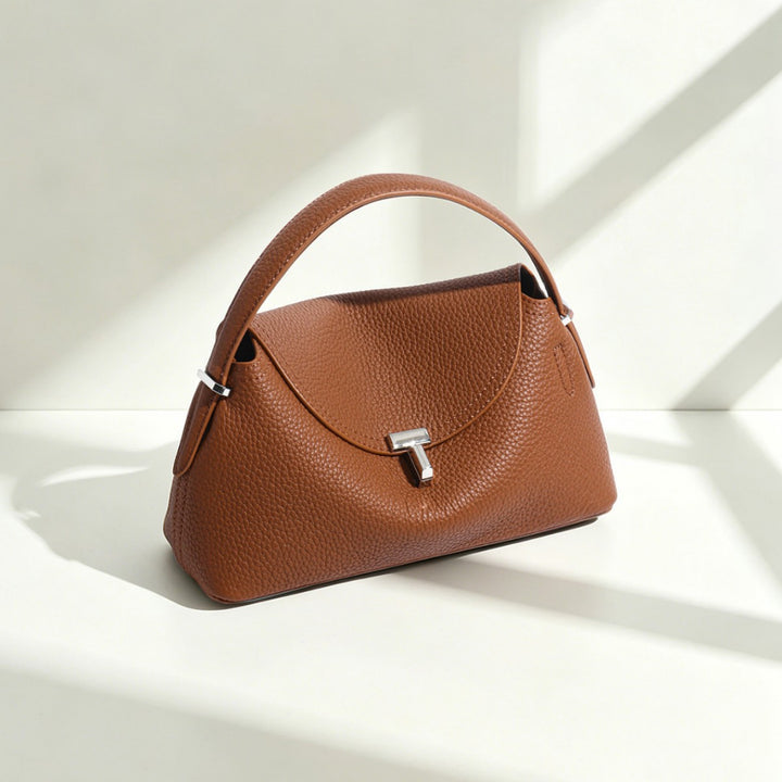 Curved Envelope Top-Handle Pebbled Satchel with Removable Crossbody Strap