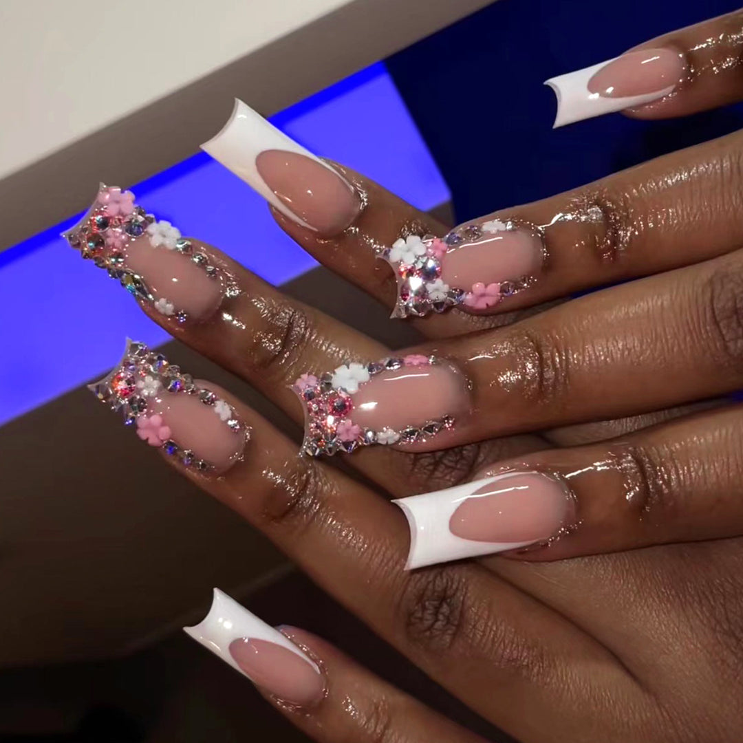 Artificial nails with floral decorations and glitter effects Kalsten