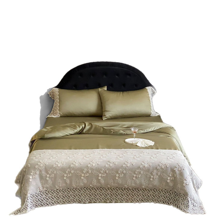 Satin bedding set with lace pillowcase and embroidered bedspread