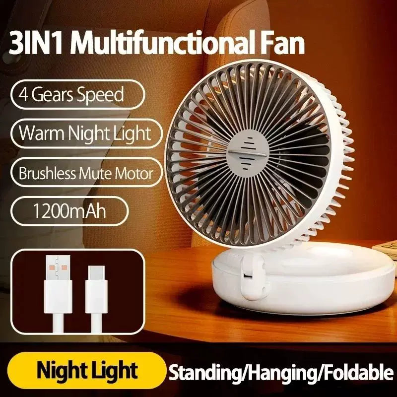 Unisex one size compact foldable rechargeable USB Type C desktop fan with adjustable tilt angle and integrated LED night light Kalsten