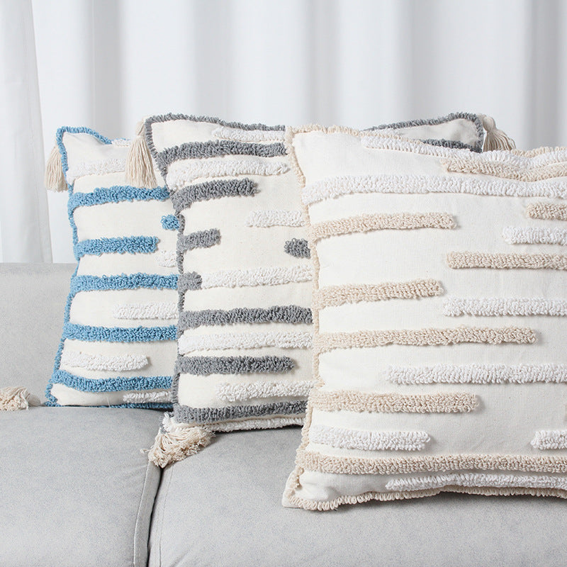 Textured Loop-Embroidered Square Throw Pillow with Corner Tassels and Removable Cover