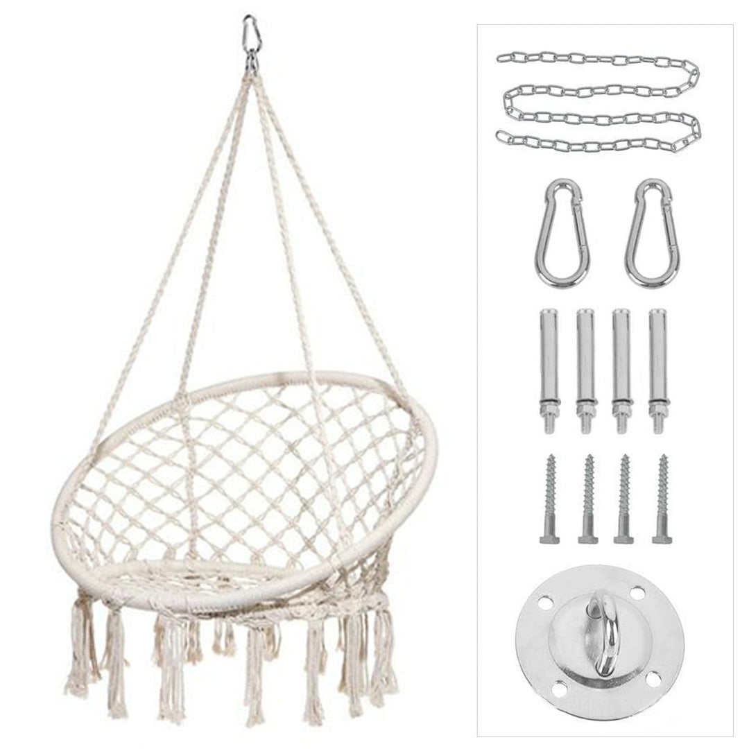 Macrame hanging chair with complete ceiling mounting kit and decorative tassel fringe Kalsten