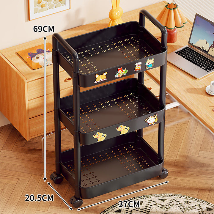 Triple-Tier Rolling Metal Storage Cart with Perforated Trays and Locking Casters
