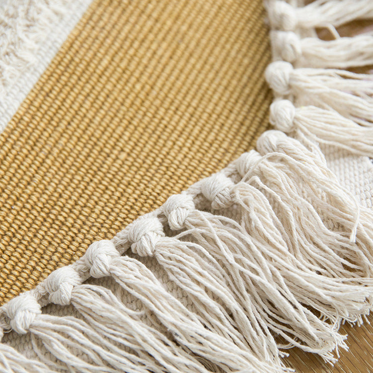Handwoven cotton-linen table runner with fringes and textured decorative stripe