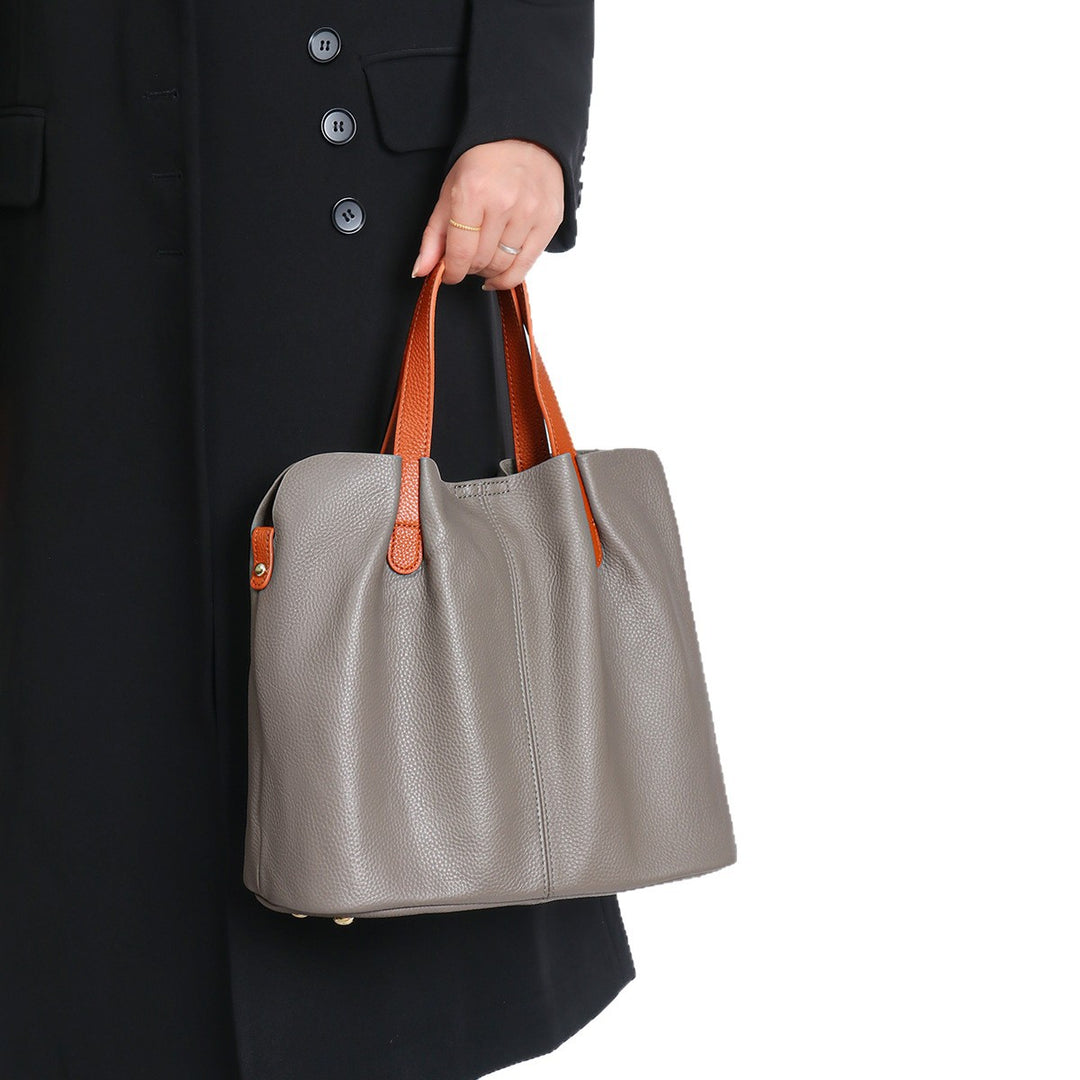 Soft-Grain Leather Ruched Shopper Tote with Contrast Short Handles