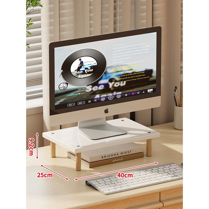 Compact Elevated Monitor Riser Stand with Wooden Legs and Under-Storage