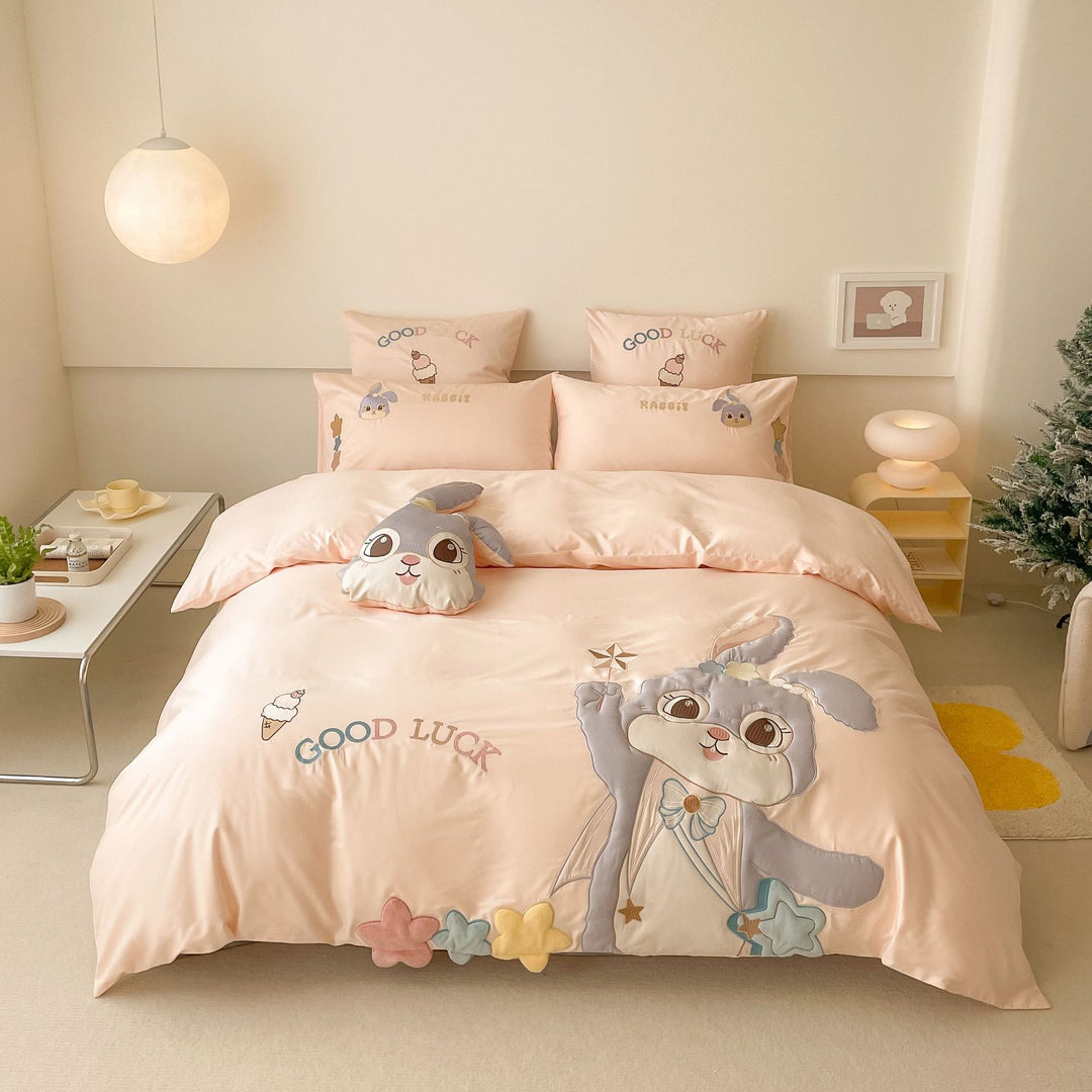 Children's bedding set with ruffles, embroidered cartoon appliqués and soft cotton satin