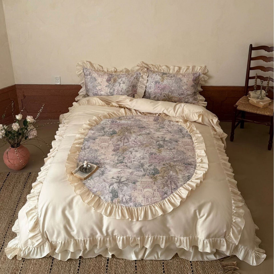 Romantic satin bedding set with ruffle and fine toile print