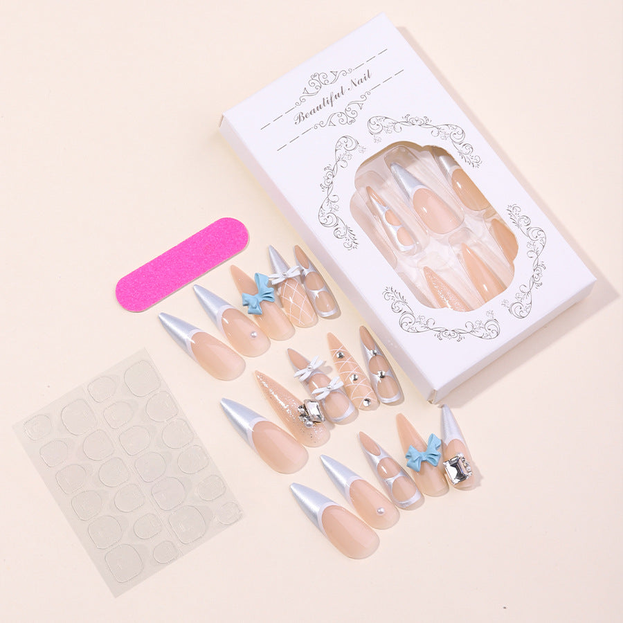 Decorative Press-On Nail Art Set with Unique Gem and Bow Accents kalsten