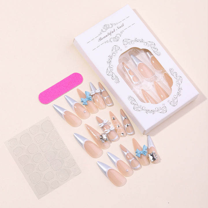 Decorative Press-On Nail Art Set with Unique Gem and Bow Accents kalsten
