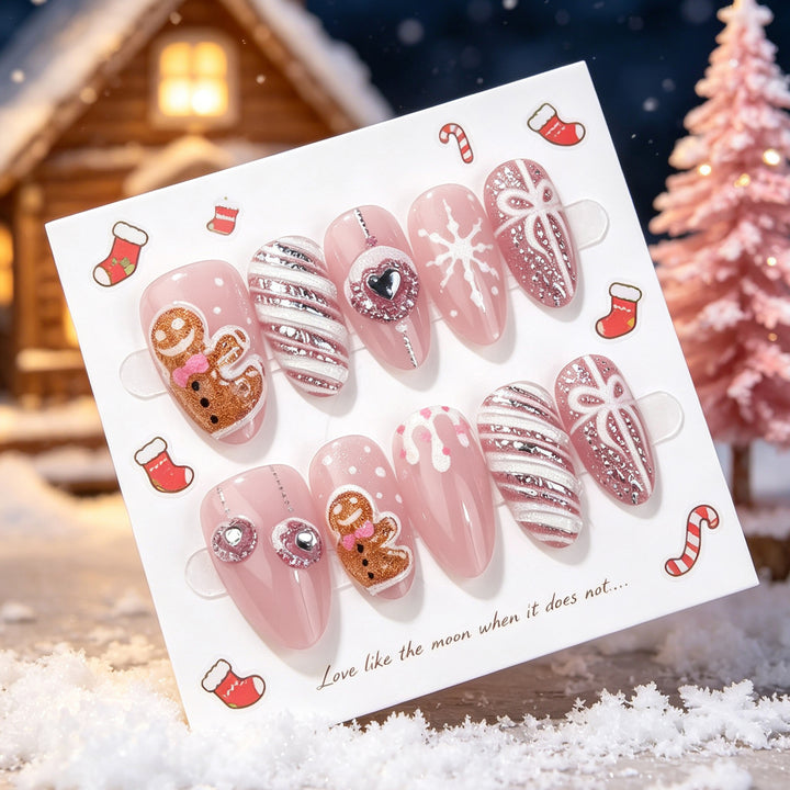 Festive Gingerbread-Themed Press-On Nail Art Set