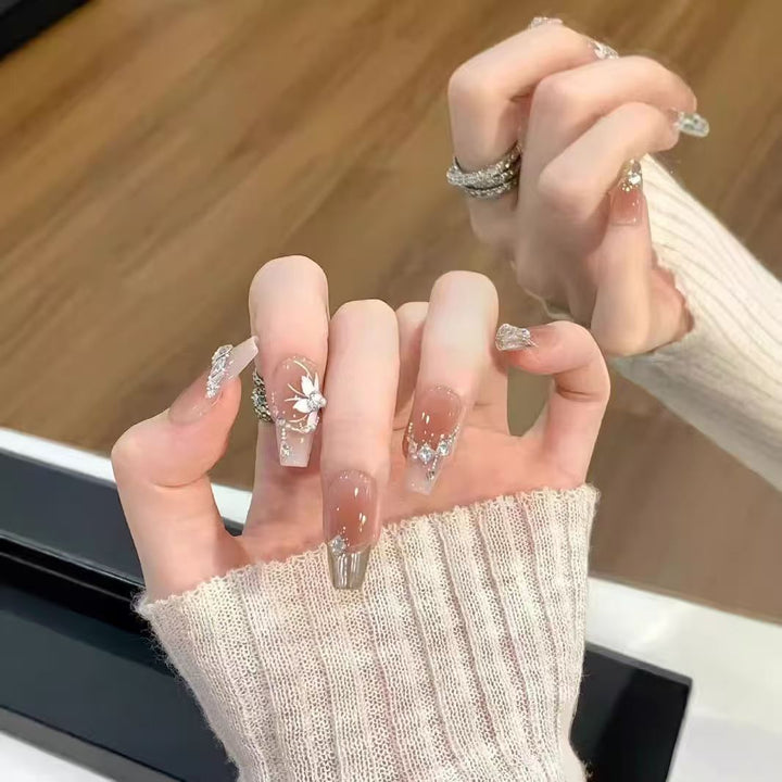 Premium Artistic Press-On Nail Set with Glittering Floral Accents Kalsten