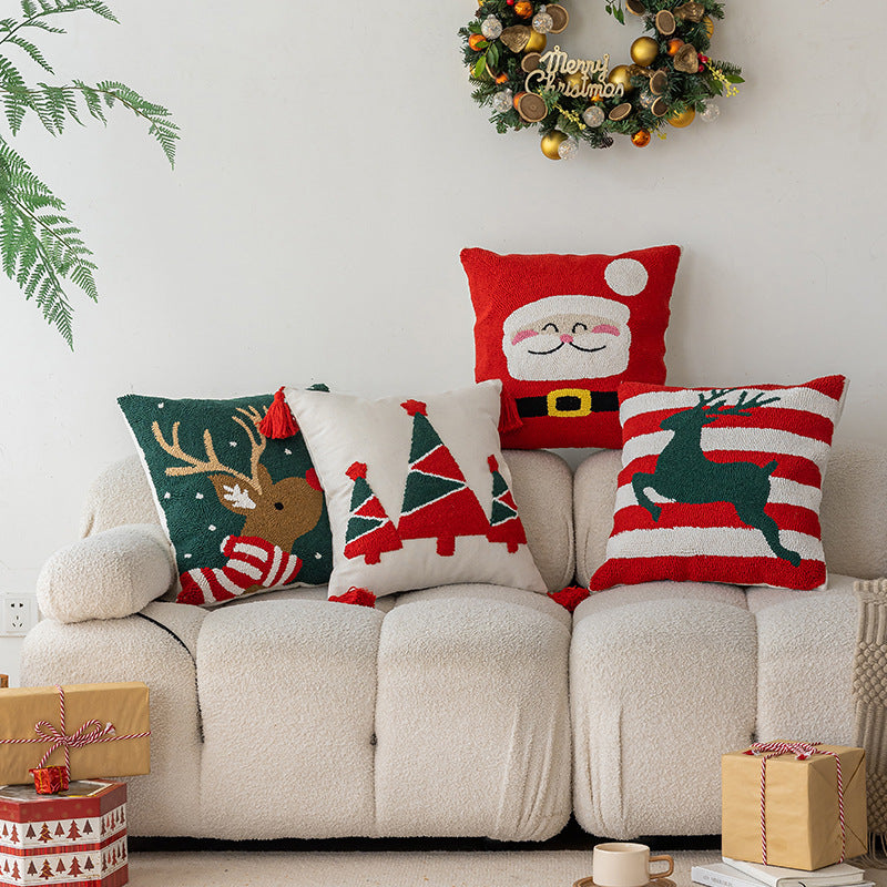 Square Holiday Tufted Cotton Throw Pillow with Tassel Corners and Appliqué Christmas Trees